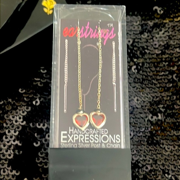 Sterling Silver 925 EarStrings Threading Earrings w/Red Crystal Dangling Hearts - Picture 1 of 6